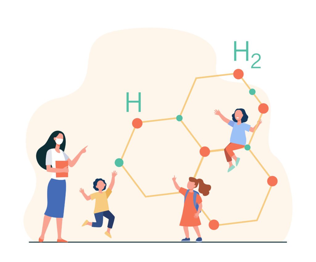 Cute tiny children learning chemistry with teacher